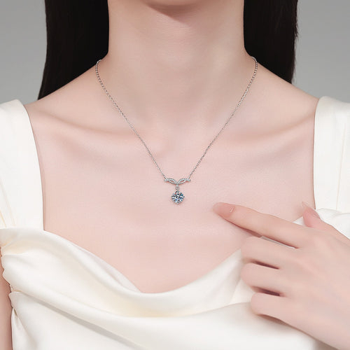 Angel Wing Round Moissanite Pendant Necklace with CZ in Rhodium-Plated S925 sterling silver neckline model view showing pendant scale and adjustable chain
