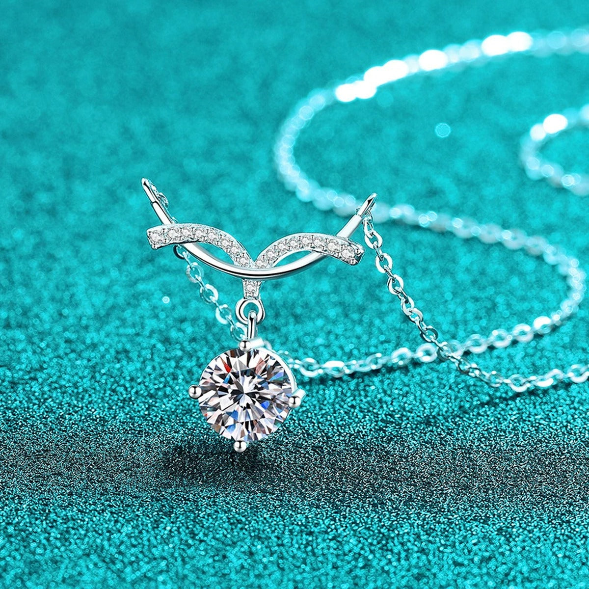 Angel Wing Round Moissanite Pendant Necklace with CZ in Rhodium-Plated S925 sterling silver close-up product scene showing pendant setting