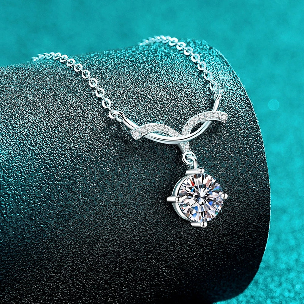 Angel Wing Round Moissanite Pendant Necklace with CZ in Rhodium-Plated S925 sterling silver blue display scene showing chain and stone layout