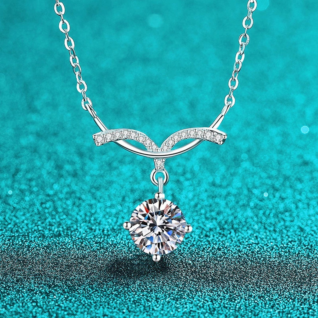 Angel Wing Round Moissanite Pendant Necklace with CZ in Rhodium-Plated S925 sterling silver angled product detail view