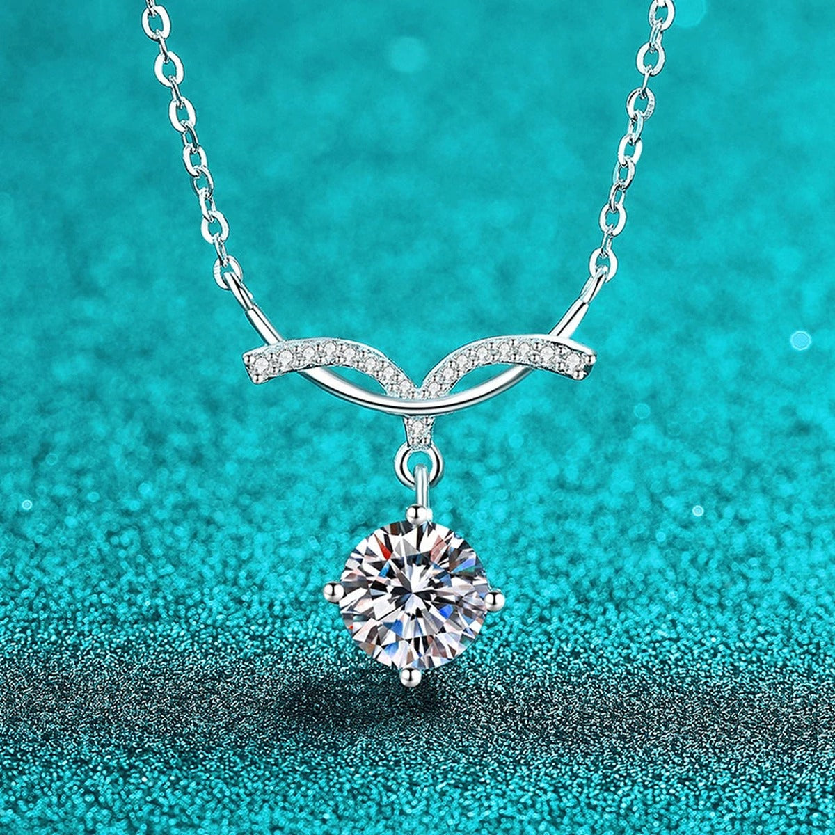 Angel Wing Round Moissanite Pendant Necklace with CZ in Rhodium-Plated S925 sterling silver angled product detail view