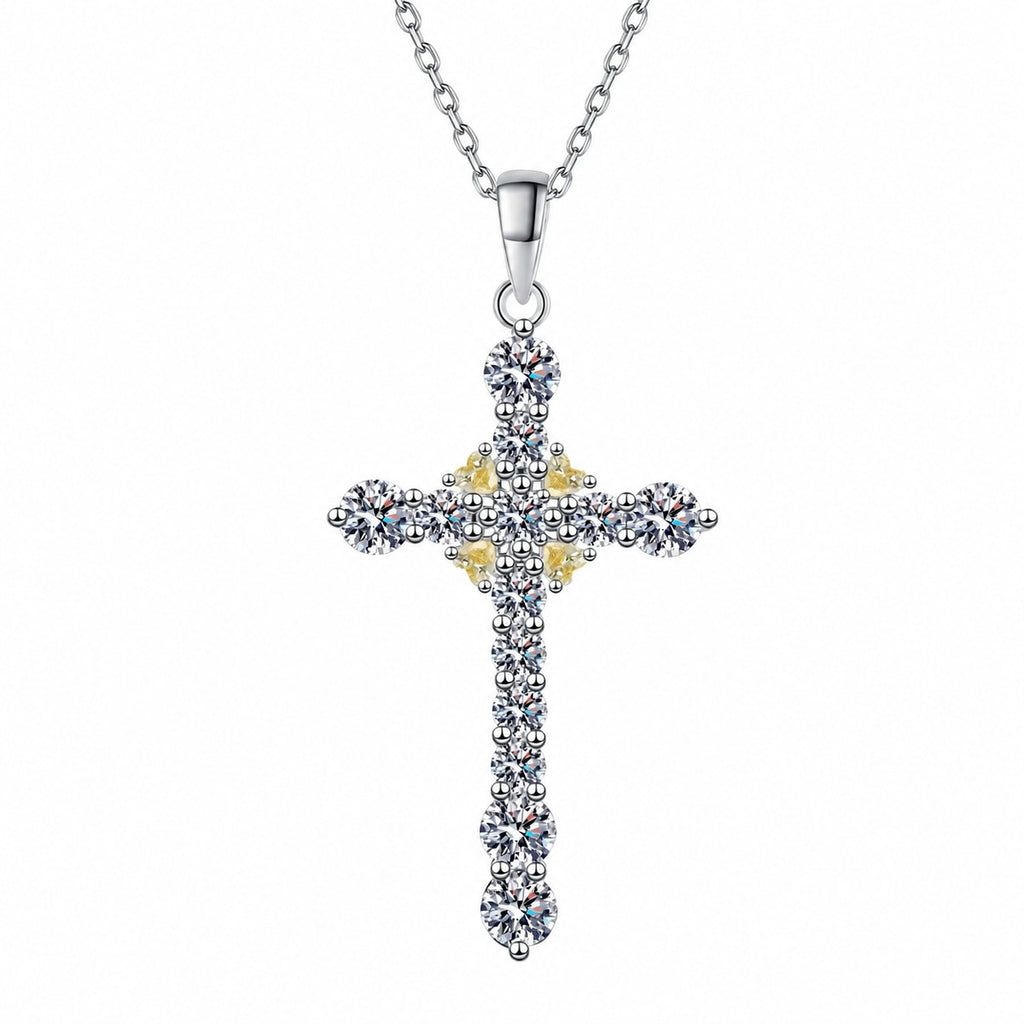 Cross Mixed-Stone Moissanite Pendant Necklace with CZ in Rhodium-Plated S925 sterling silver white background product photo showing cross pendant with heart and round moissanite details plus CZ accents