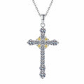 Cross Mixed-Stone Moissanite Pendant Necklace with CZ in Rhodium-Plated S925 sterling silver white background product photo showing cross pendant with heart and round moissanite details plus CZ accents