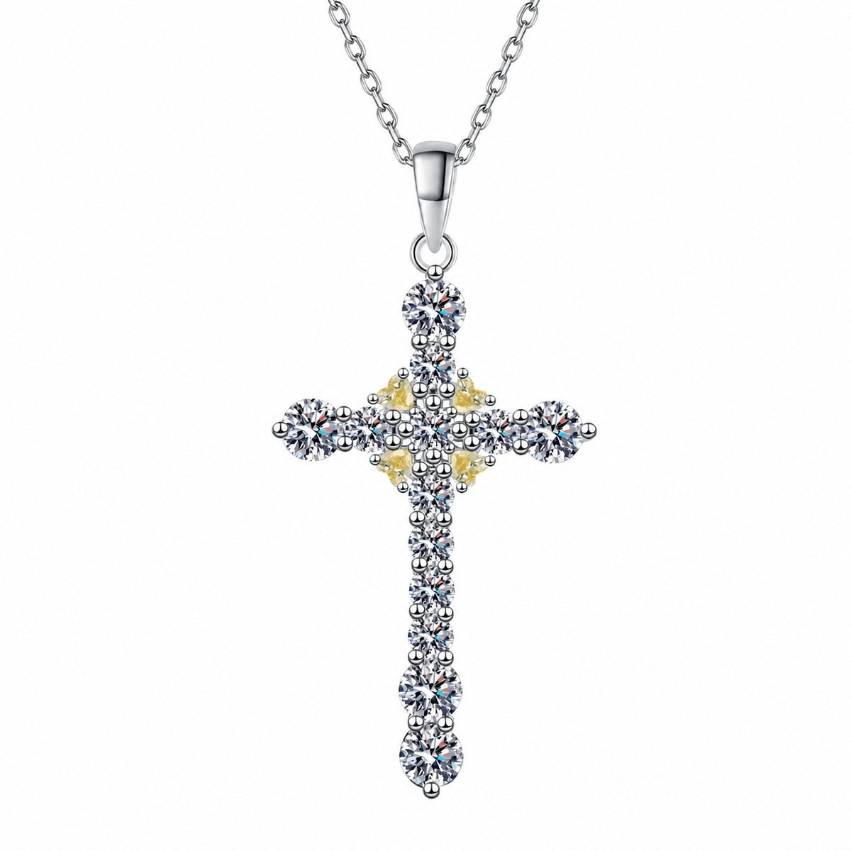 Cross Mixed-Stone Moissanite Pendant Necklace with CZ in Rhodium-Plated S925 sterling silver white background product photo showing cross pendant with heart and round moissanite details plus CZ accents