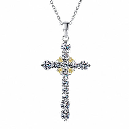 Cross Mixed-Stone Moissanite Pendant Necklace with CZ in Rhodium-Plated S925 sterling silver white background product photo showing cross pendant with heart and round moissanite details plus CZ accents