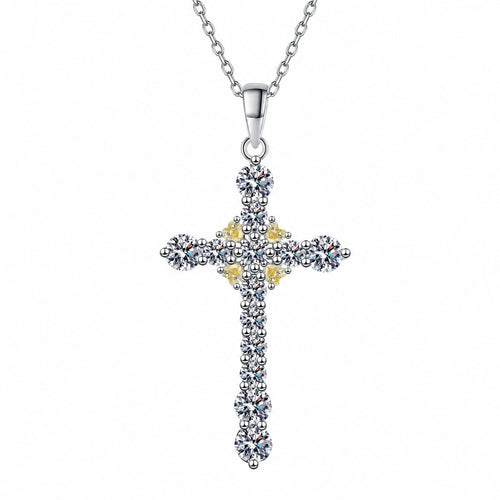 Cross Mixed-Stone Moissanite Pendant Necklace with CZ in Rhodium-Plated S925 sterling silver white background product photo showing cross pendant with heart and round moissanite details plus CZ accents