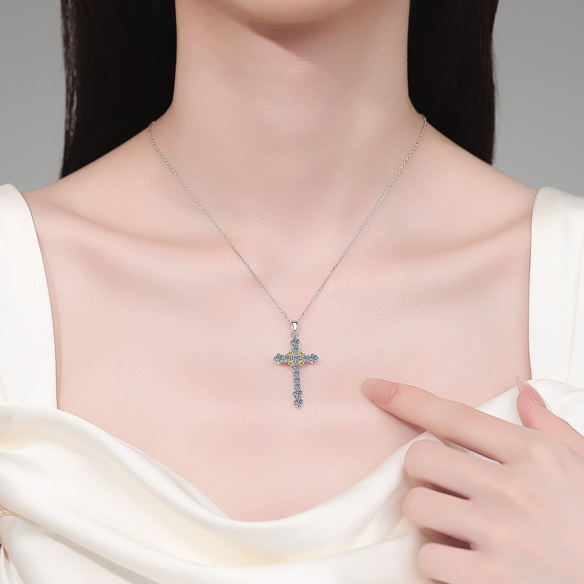 Cross Mixed-Stone Moissanite Pendant Necklace with CZ in Rhodium-Plated S925 sterling silver neckline model view showing pendant scale and adjustable chain