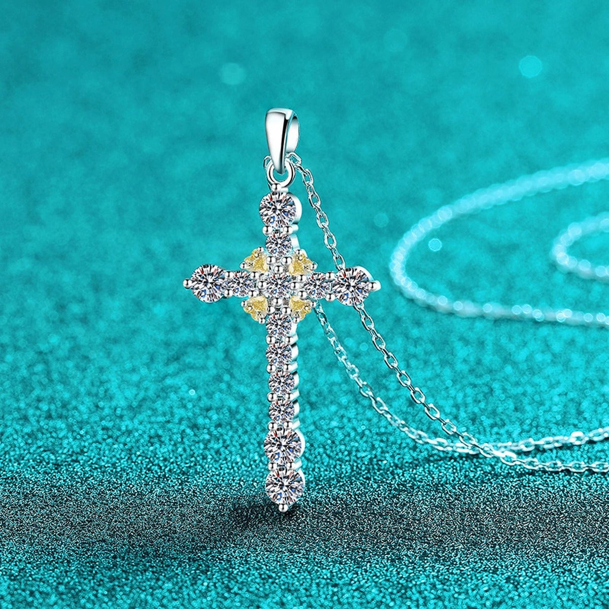 Cross Mixed-Stone Moissanite Pendant Necklace with CZ in Rhodium-Plated S925 sterling silver close-up product scene showing pendant setting