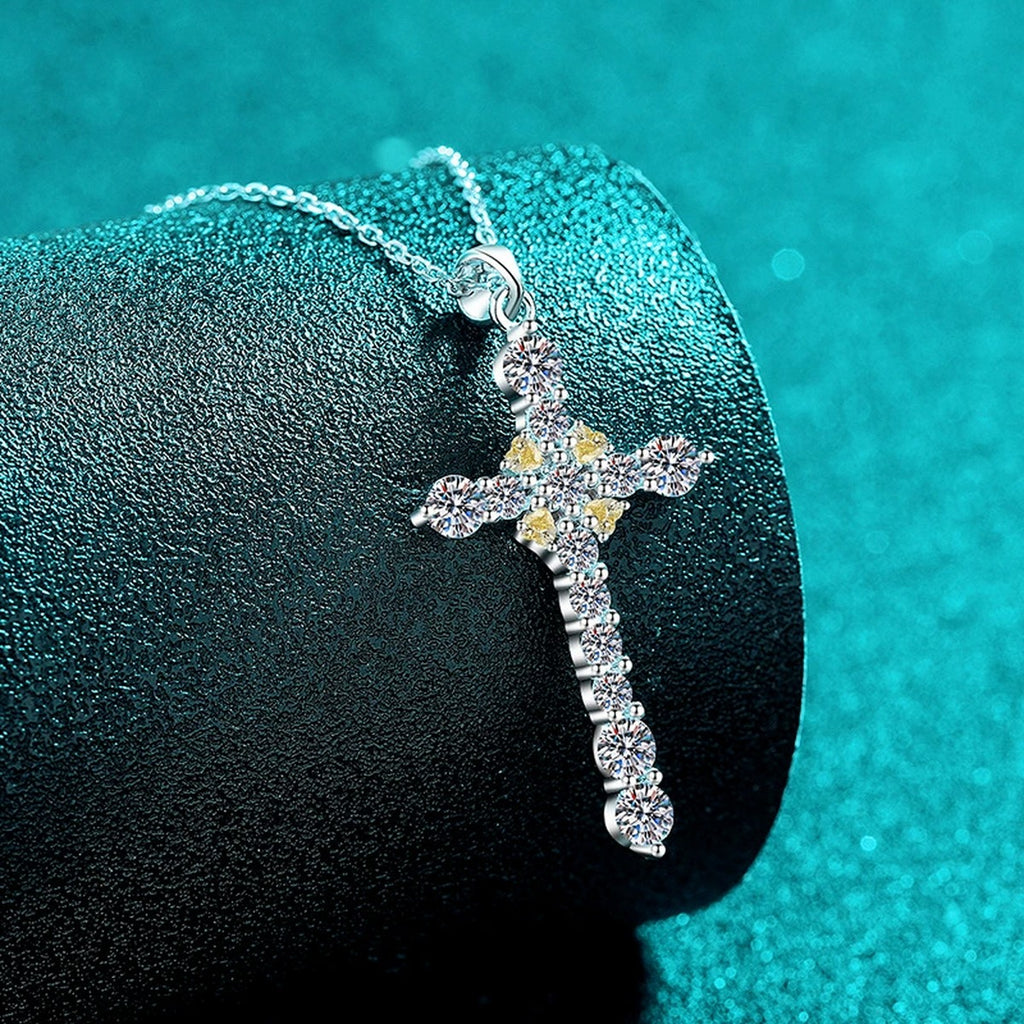 Cross Mixed-Stone Moissanite Pendant Necklace with CZ in Rhodium-Plated S925 sterling silver blue display scene showing chain and stone layout