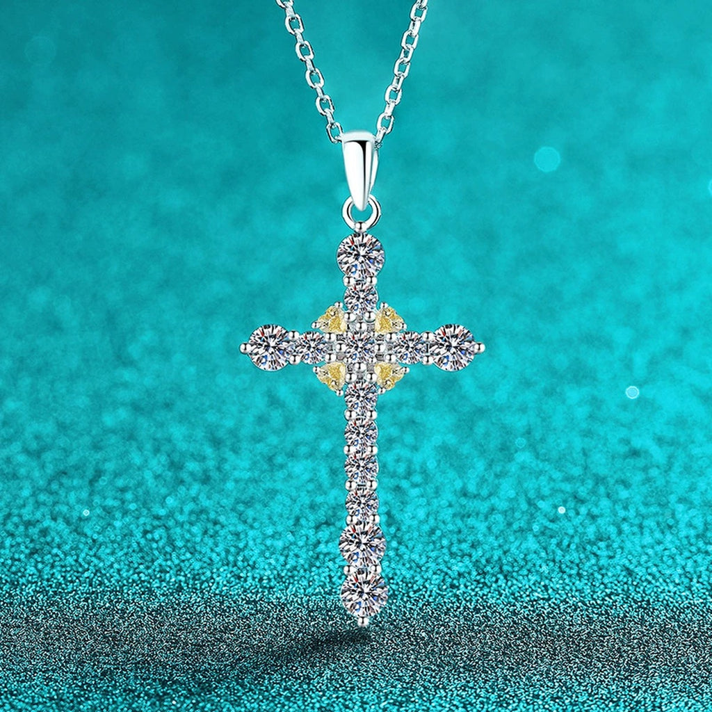 Cross Mixed-Stone Moissanite Pendant Necklace with CZ in Rhodium-Plated S925 sterling silver angled product detail view