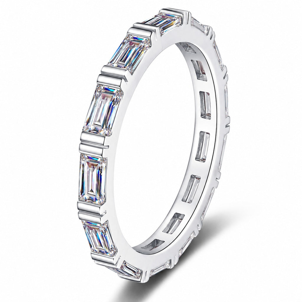 Emerald Cut Moissanite Band Ring in rhodium-plated S925 sterling silver on clean white background