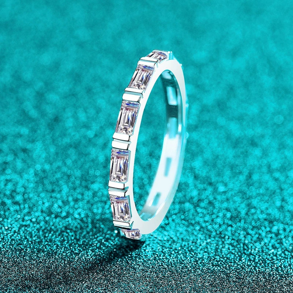 Emerald Cut Moissanite Band Ring product view showing moissanite setting and metal finish