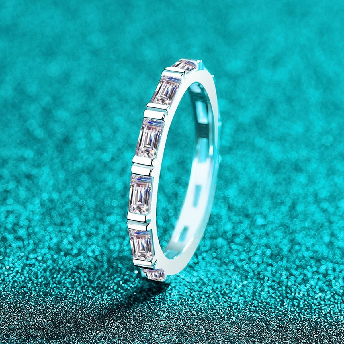 Emerald Cut Moissanite Band Ring product view showing moissanite setting and metal finish