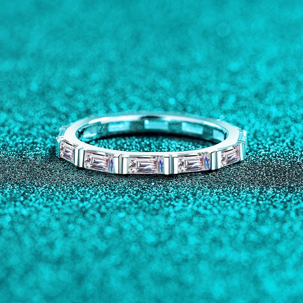 Emerald Cut Moissanite Band Ring product view showing moissanite setting and metal finish