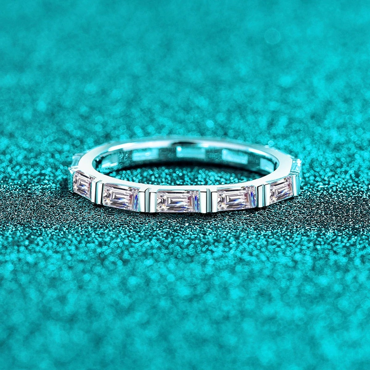 Emerald Cut Moissanite Band Ring product view showing moissanite setting and metal finish