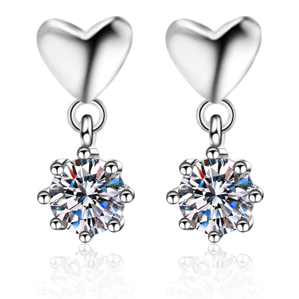 Heart Moissanite Stud Dangle Earrings in Rhodium-Plated S925 Sterling Silver on clean white background showing the pair, setting, and stud dangle earrings silhouette
