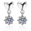 Heart Moissanite Stud Dangle Earrings in Rhodium-Plated S925 Sterling Silver on clean white background showing the pair, setting, and stud dangle earrings silhouette