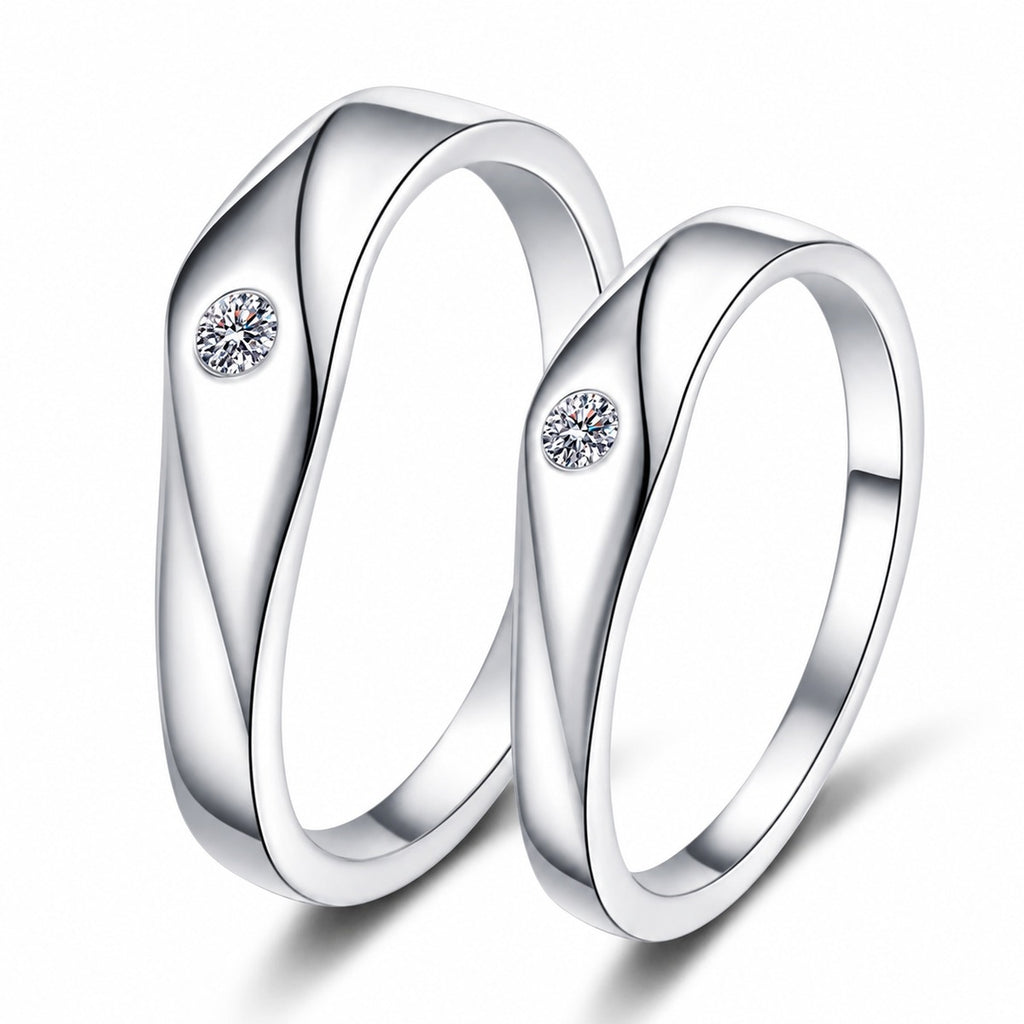 Moissanite Couples Wedding Band Set in rhodium-plated S925 sterling silver on clean white background