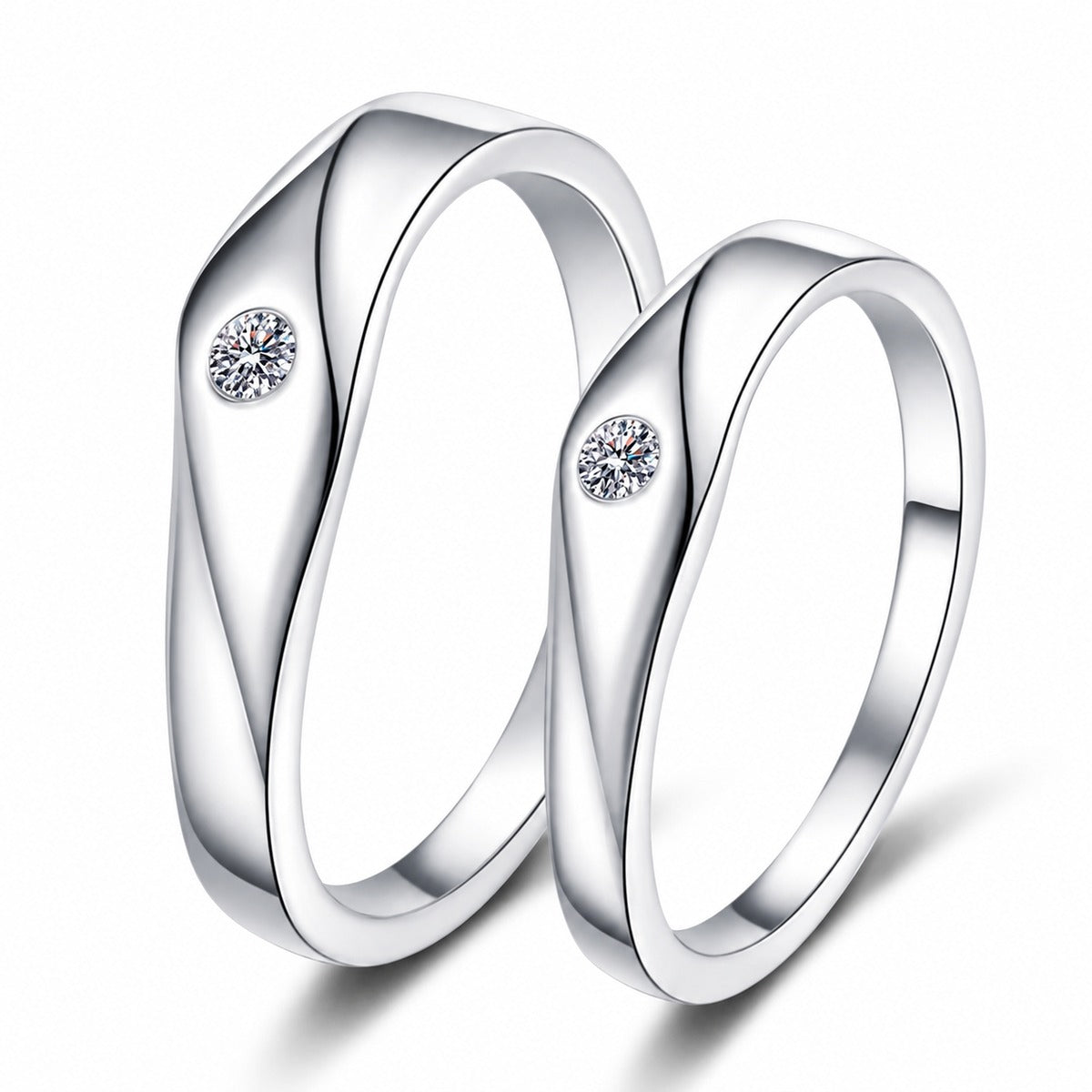 Moissanite Couples Wedding Band Set in rhodium-plated S925 sterling silver on clean white background