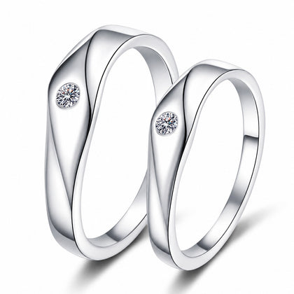 Moissanite Couples Wedding Band Set in rhodium-plated S925 sterling silver on clean white background