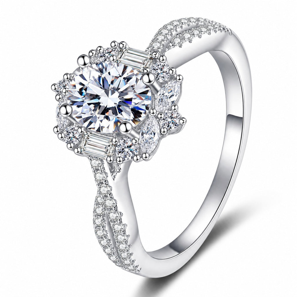 Oval Moissanite Halo Engagement Ring with CZ in rhodium-plated S925 sterling silver on clean white background