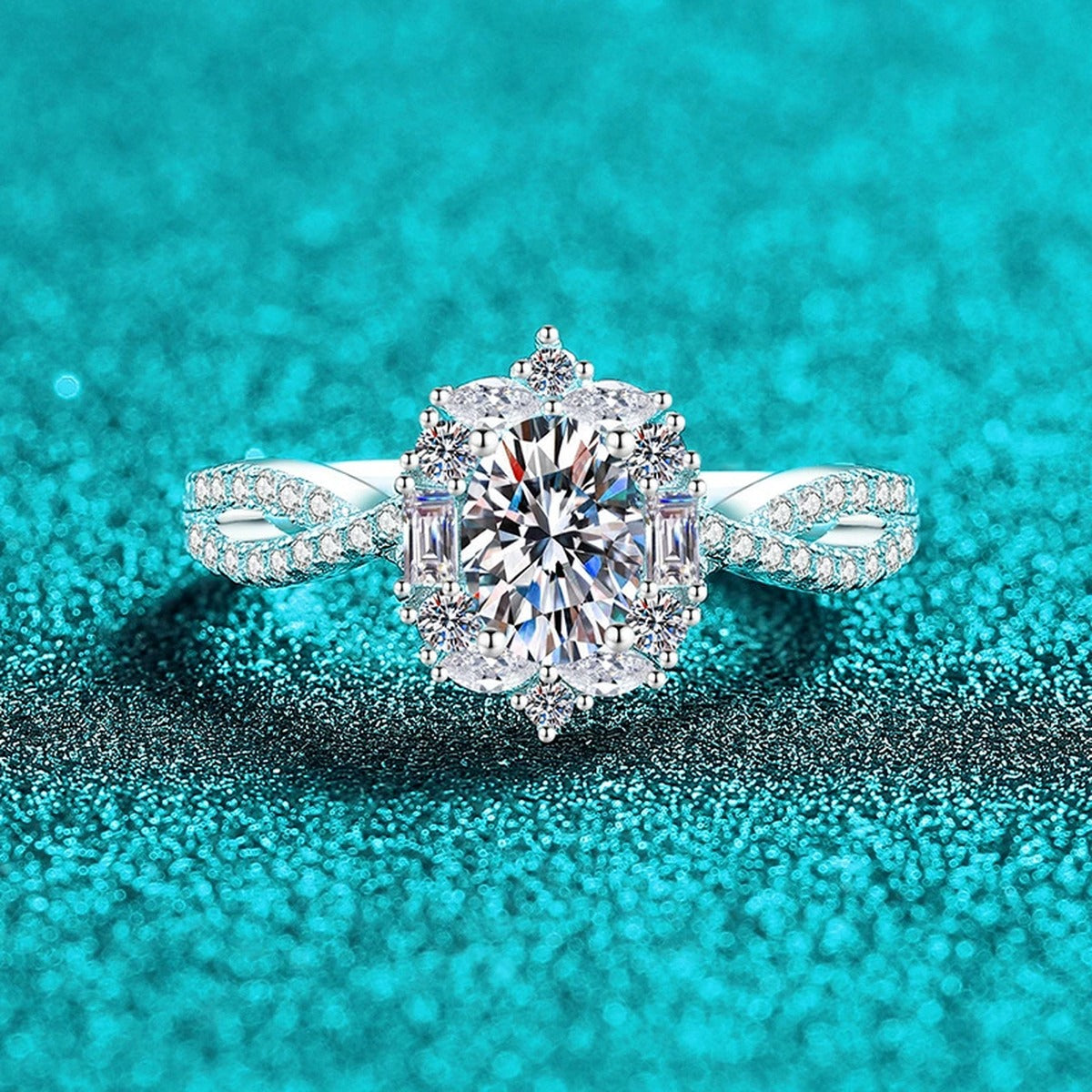 Oval Moissanite Halo Engagement Ring with CZ product view showing moissanite setting and metal finish