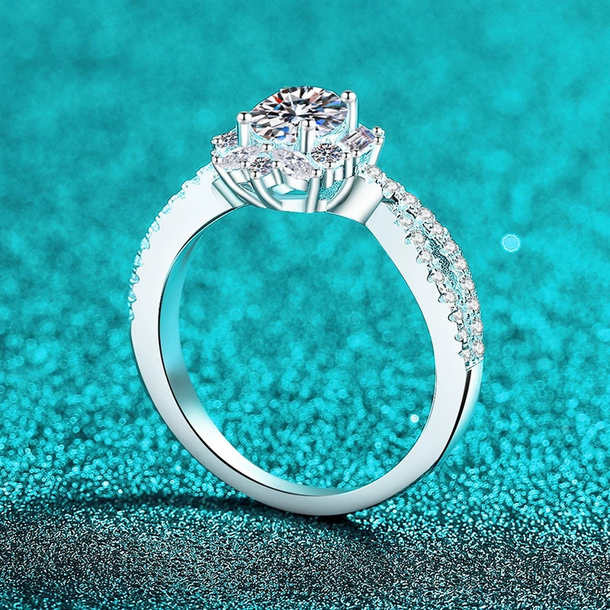 Oval Moissanite Halo Engagement Ring with CZ product view showing moissanite setting and metal finish