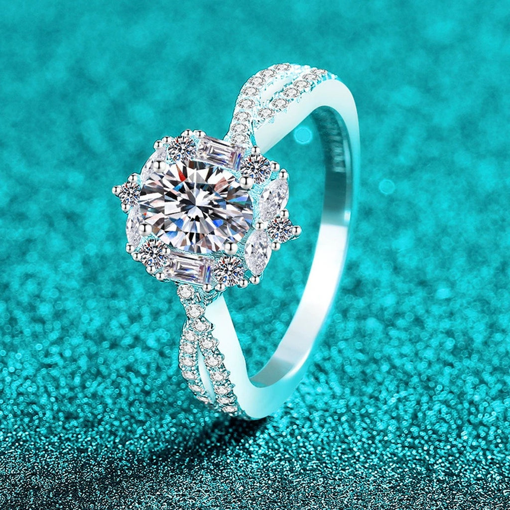 Oval Moissanite Halo Engagement Ring with CZ product view showing moissanite setting and metal finish