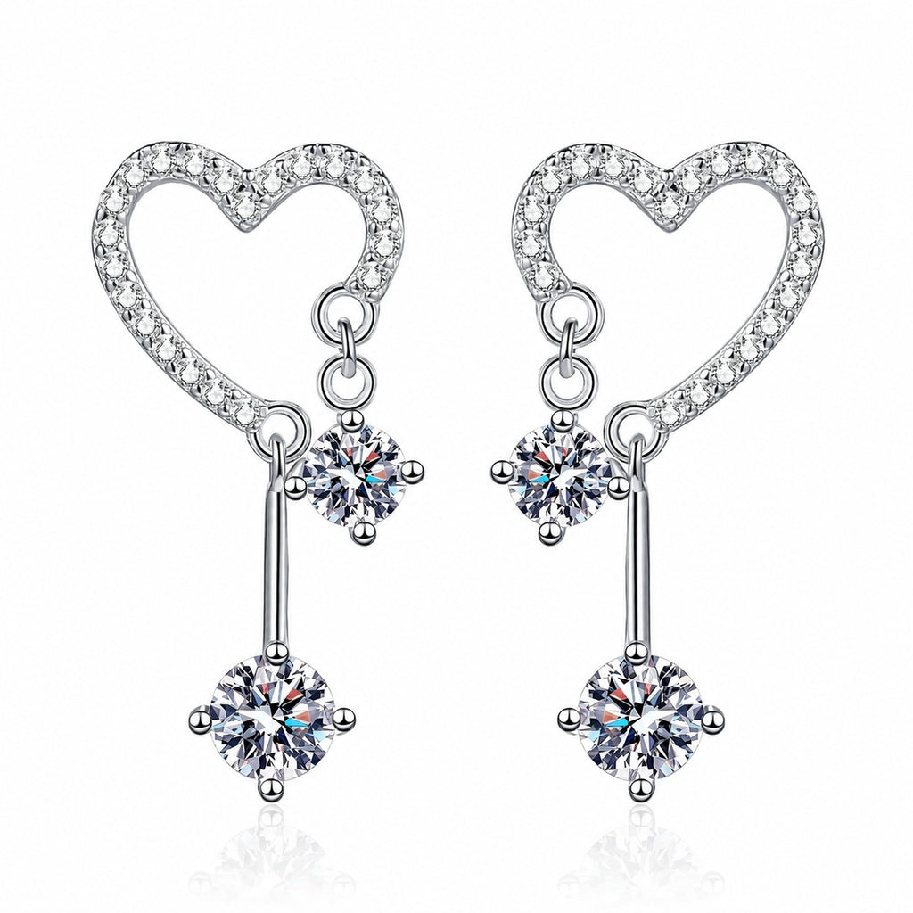 Heart Moissanite Stud Dangle Earrings with CZ in Rhodium-Plated S925 sterling silver white background product photo showing the pair, stone shape, and stud dangle earrings silhouette