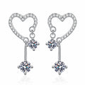 Heart Moissanite Stud Dangle Earrings with CZ in Rhodium-Plated S925 sterling silver white background product photo showing the pair, stone shape, and stud dangle earrings silhouette