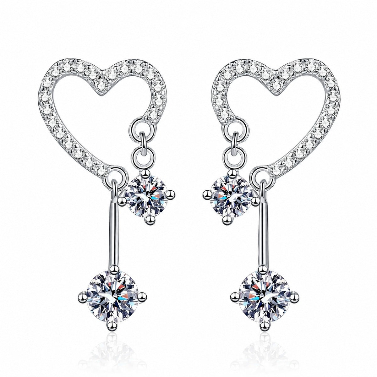 Heart Moissanite Stud Dangle Earrings with CZ in Rhodium-Plated S925 sterling silver white background product photo showing the pair, stone shape, and stud dangle earrings silhouette