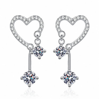 Heart Moissanite Stud Dangle Earrings with CZ in Rhodium-Plated S925 sterling silver white background product photo showing the pair, stone shape, and stud dangle earrings silhouette