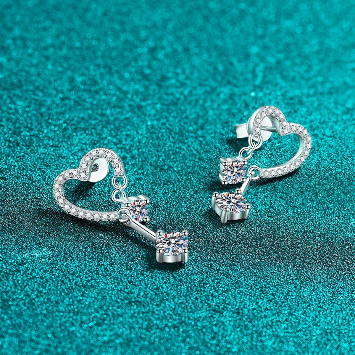 Heart Moissanite Stud Dangle Earrings with CZ in Rhodium-Plated S925 sterling silver product scene view showing front sparkle