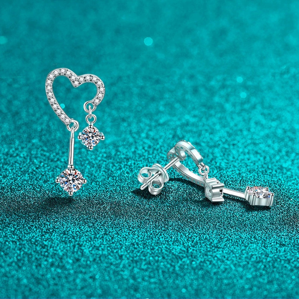 Heart Moissanite Stud Dangle Earrings with CZ in Rhodium-Plated S925 sterling silver product scene view showing angled setting detail
