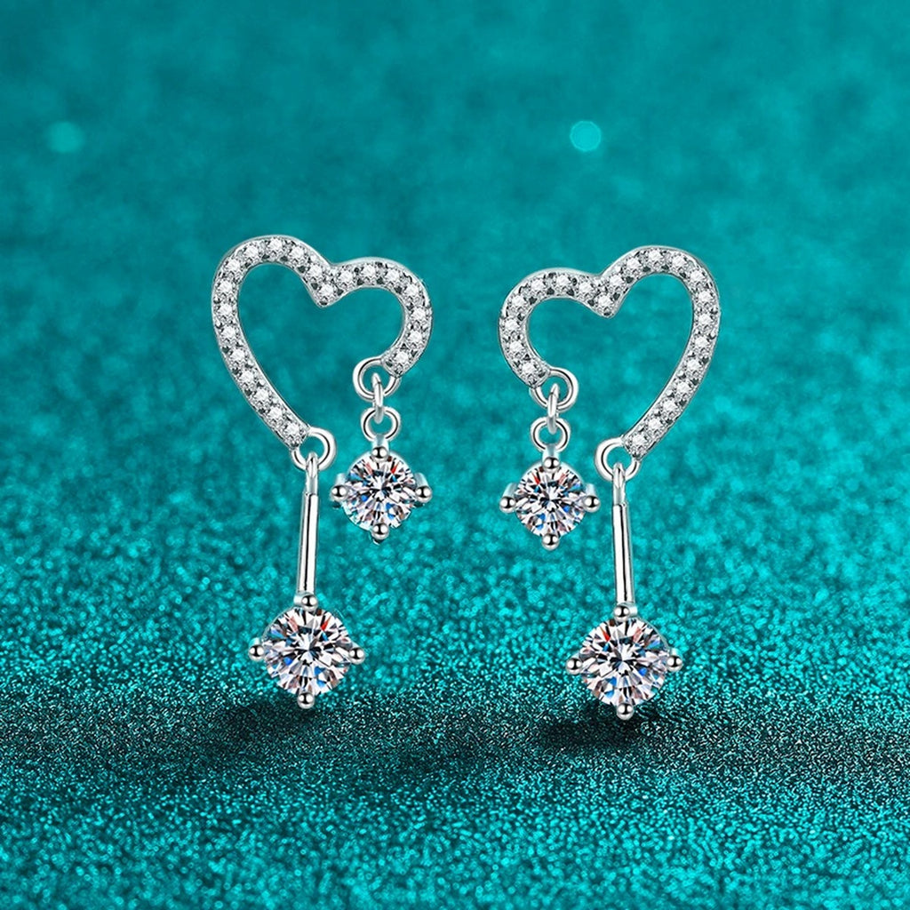 Heart Moissanite Stud Dangle Earrings with CZ in Rhodium-Plated S925 sterling silver product scene view showing side profile