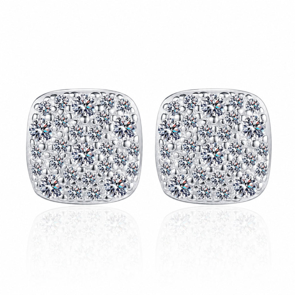 Cushion Cluster Moissanite Stud Earrings in Rhodium-Plated S925 sterling silver white background product photo showing the pair, stone shape, and stud earrings silhouette
