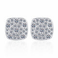 Cushion Cluster Moissanite Stud Earrings in Rhodium-Plated S925 sterling silver white background product photo showing the pair, stone shape, and stud earrings silhouette