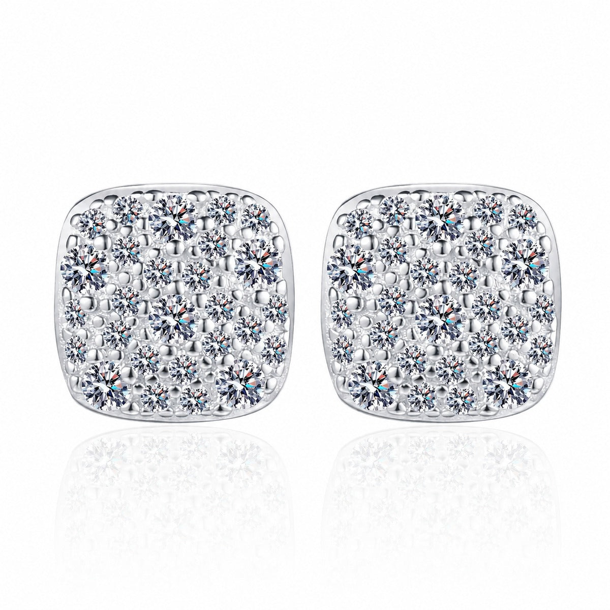Cushion Cluster Moissanite Stud Earrings in Rhodium-Plated S925 sterling silver white background product photo showing the pair, stone shape, and stud earrings silhouette