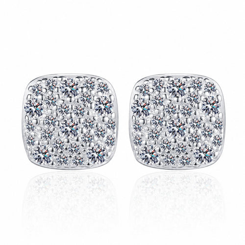Cushion Cluster Moissanite Stud Earrings in Rhodium-Plated S925 sterling silver white background product photo showing the pair, stone shape, and stud earrings silhouette