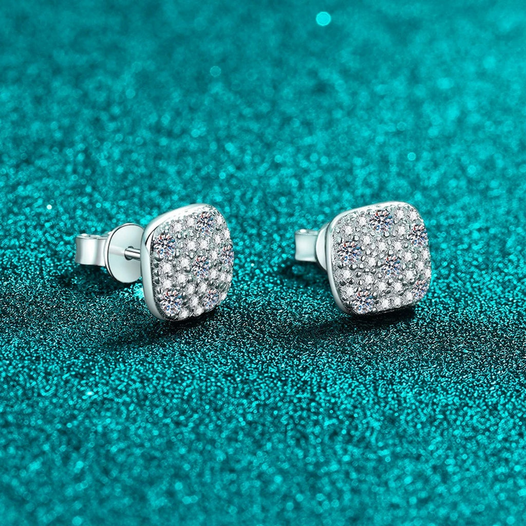 Cushion Cluster Moissanite Stud Earrings in Rhodium-Plated S925 sterling silver product scene view showing front sparkle