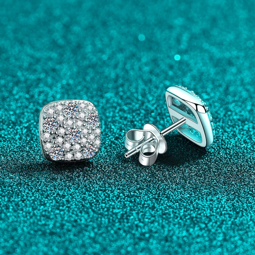 Cushion Cluster Moissanite Stud Earrings in Rhodium-Plated S925 sterling silver product scene view showing angled setting detail