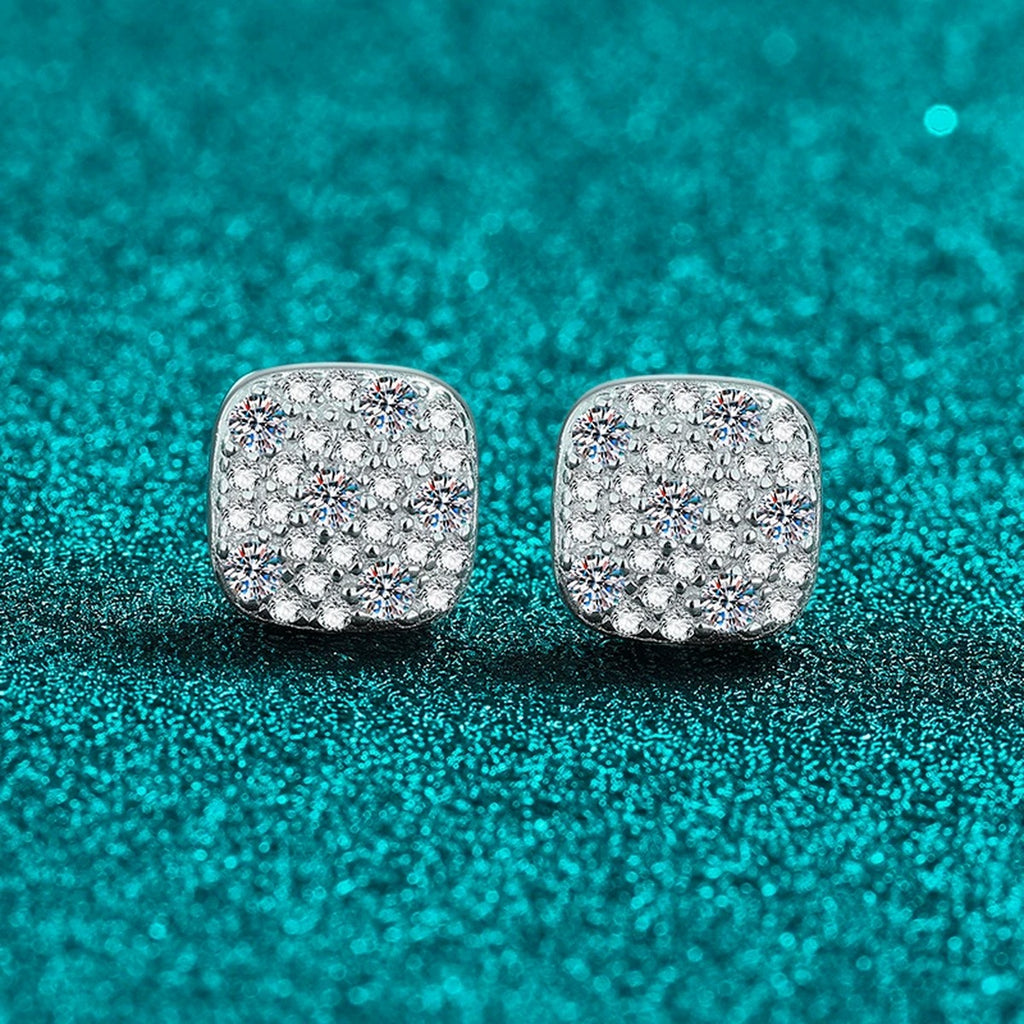 Cushion Cluster Moissanite Stud Earrings in Rhodium-Plated S925 sterling silver product scene view showing side profile
