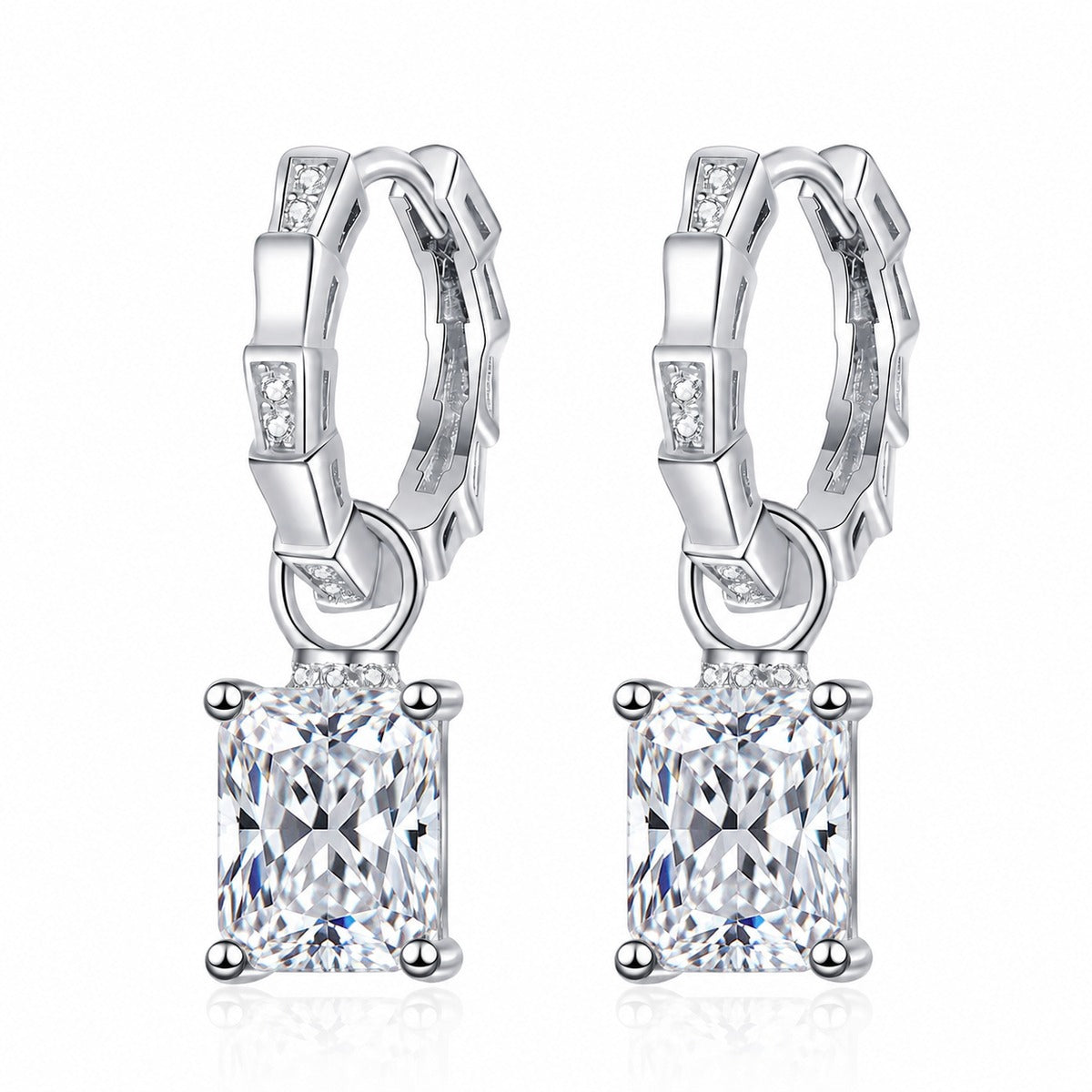 Emerald and Radiant Cut Moissanite Hoop Dangle Earrings in Rhodium-Plated S925 sterling silver white background product photo showing the pair, stone shape, and hoop dangle earrings silhouette
