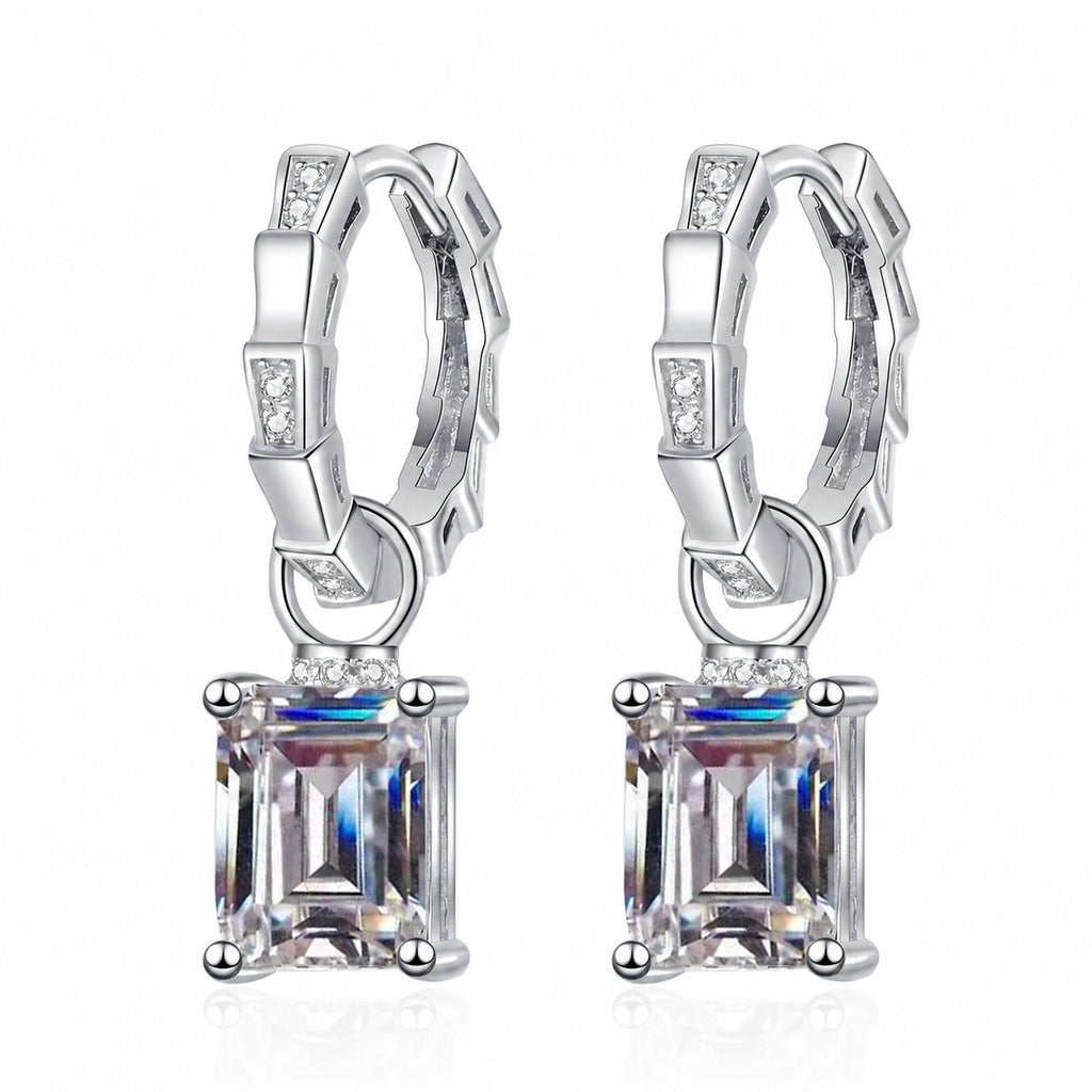 Emerald and Radiant Cut Moissanite Hoop Dangle Earrings in Rhodium-Plated S925 sterling silver product scene view showing front sparkle