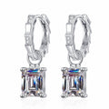 Emerald and Radiant Cut Moissanite Hoop Dangle Earrings in Rhodium-Plated S925 sterling silver product scene view showing front sparkle