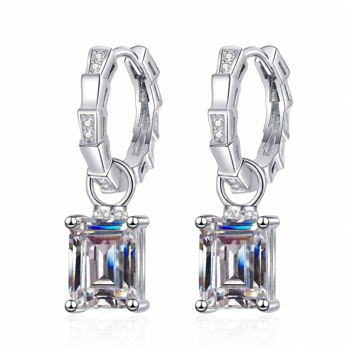 Emerald and Radiant Cut Moissanite Hoop Dangle Earrings in Rhodium-Plated S925 sterling silver product scene view showing front sparkle