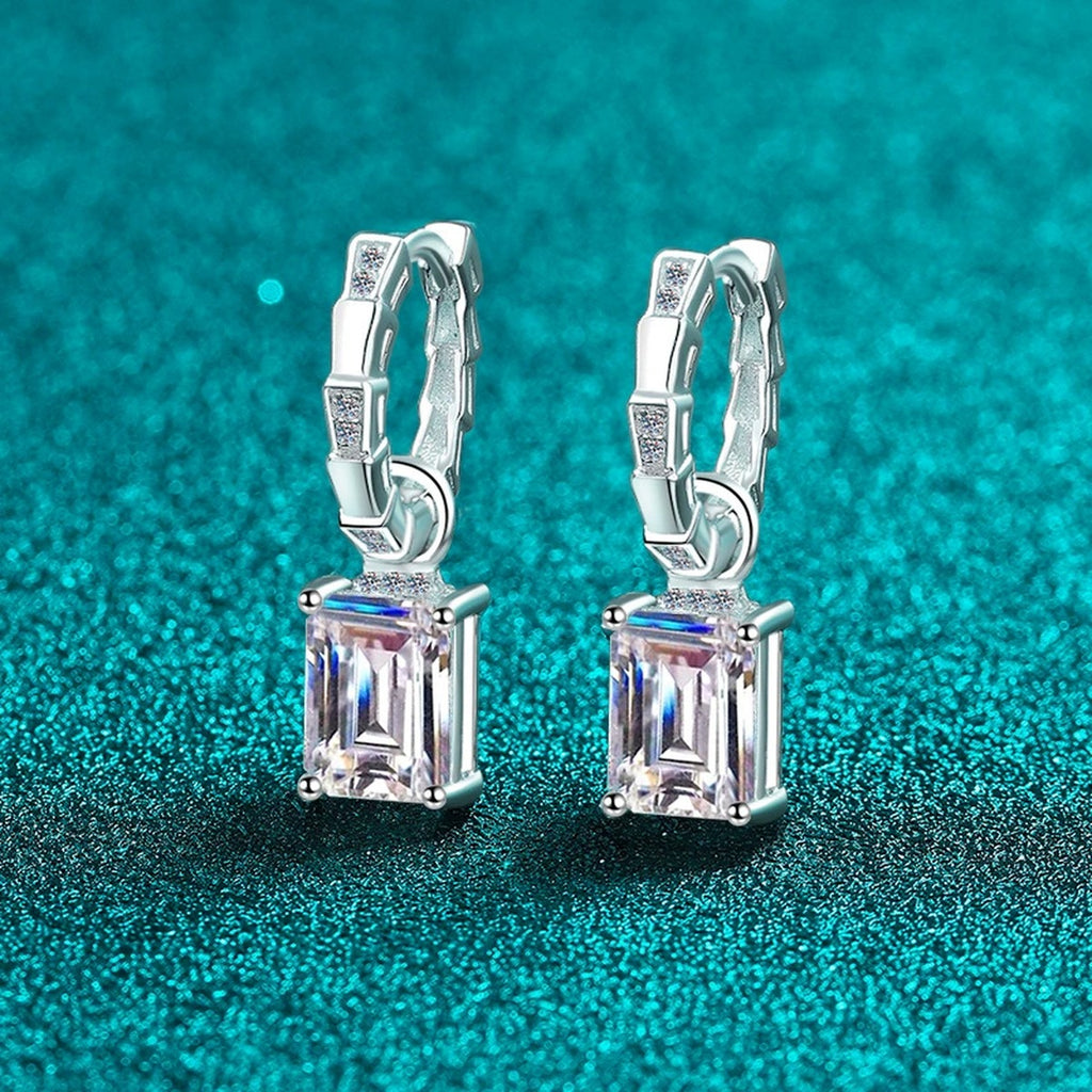 Emerald and Radiant Cut Moissanite Hoop Dangle Earrings in Rhodium-Plated S925 sterling silver product scene view showing angled setting detail