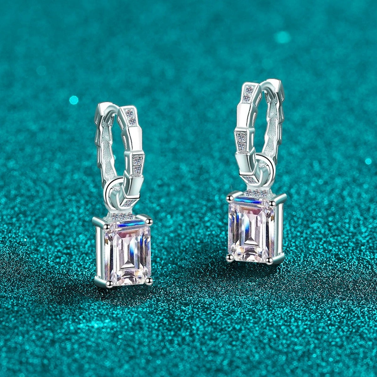 Emerald and Radiant Cut Moissanite Hoop Dangle Earrings in Rhodium-Plated S925 sterling silver product scene view showing side profile