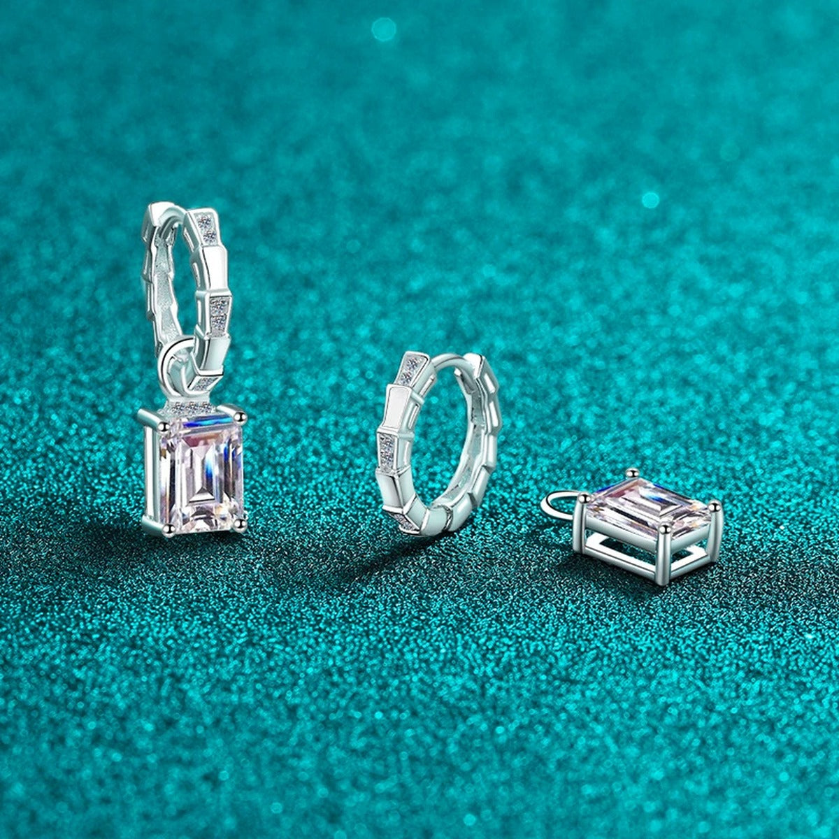 Emerald and Radiant Cut Moissanite Hoop Dangle Earrings in Rhodium-Plated S925 sterling silver product scene view showing pair comparison