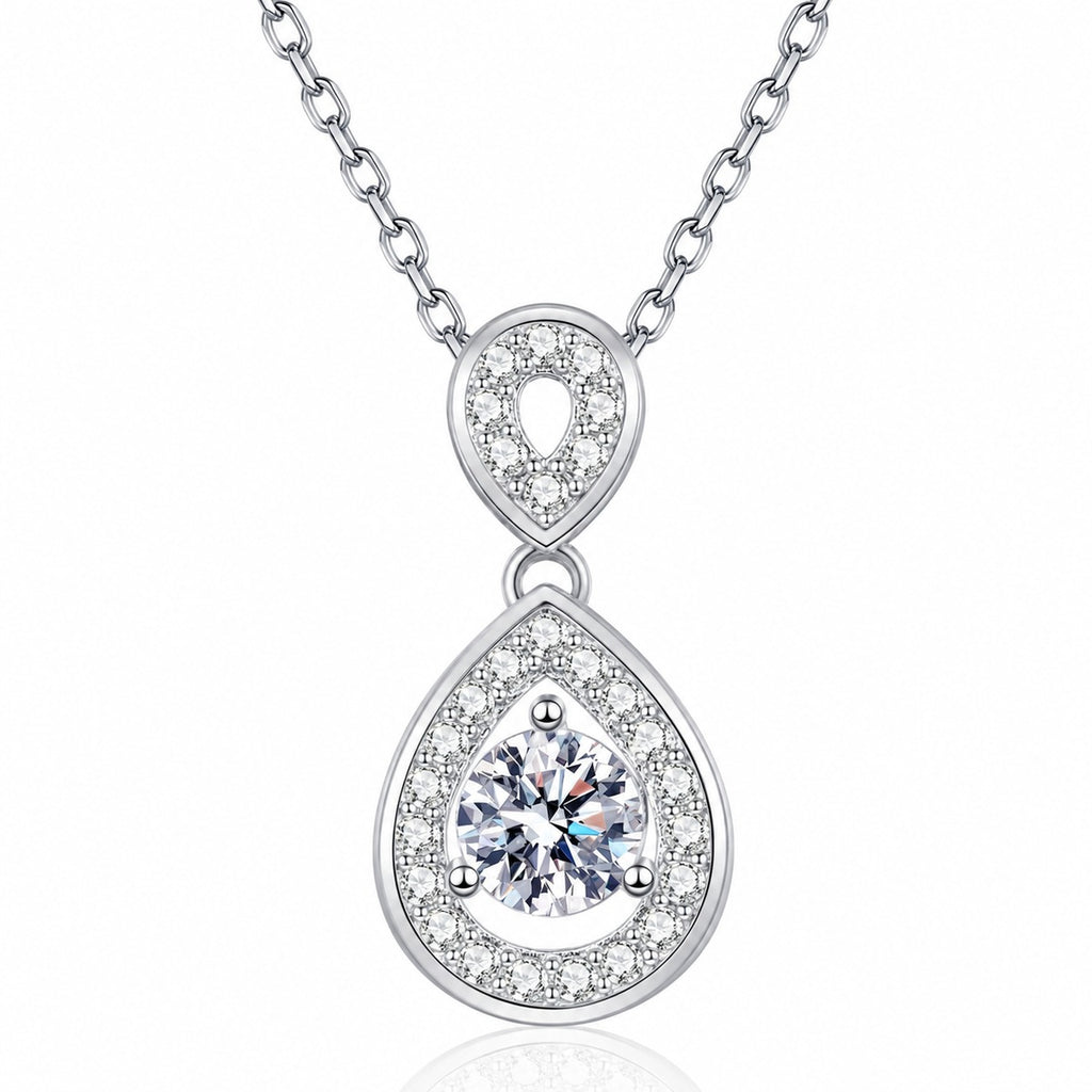 Teardrop Halo Moissanite Pendant Necklace with CZ in Rhodium-Plated S925 sterling silver white background product photo showing double teardrop halo pendant with a round moissanite center and CZ frame